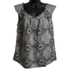 Tommy Hilfiger Women Blouse Top Medium M Black Cap Sleeve Ruffle Geometric EUC